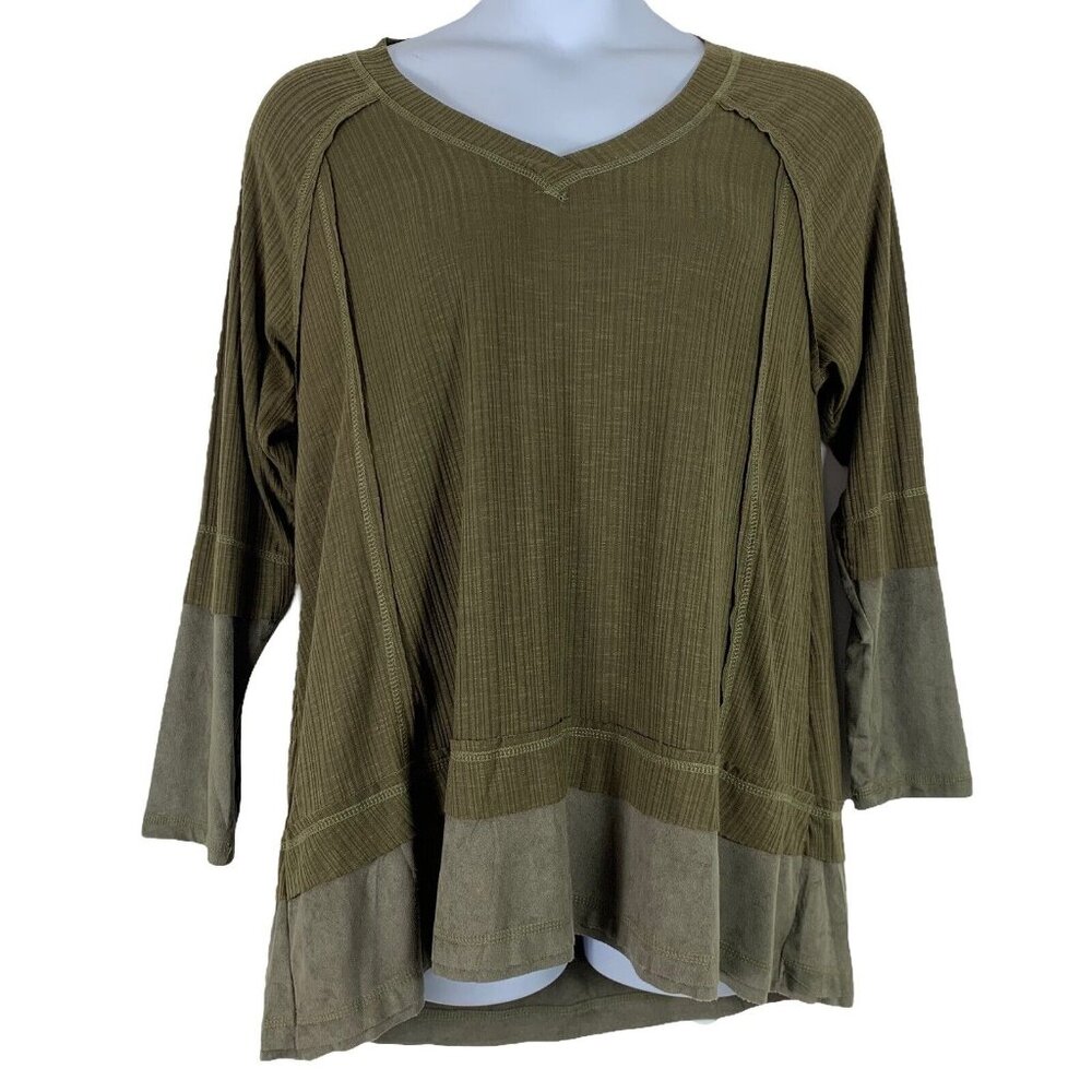 Mur Mur Size Large Knit Top Green Long Sleeve V Neck Soft Faux Suede Trim Womens